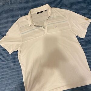Travis Mathew White Polo with Light Blue and Gray Stripes
